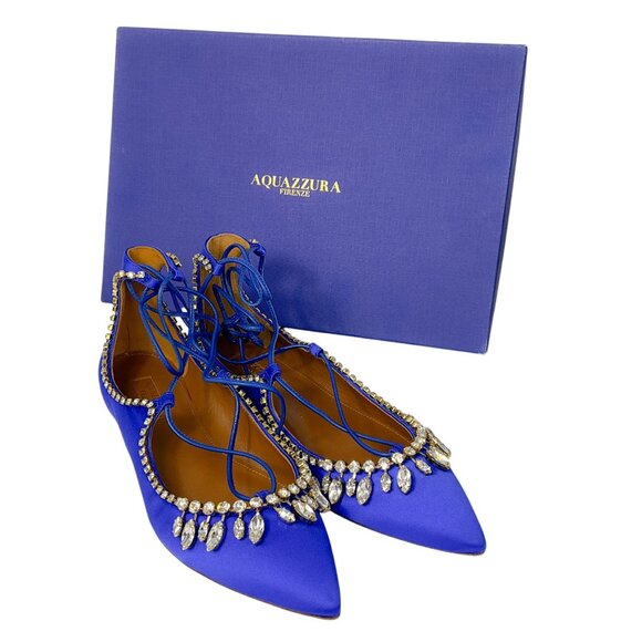 Aquazzura Royal Blue Crystal Embellished Satin Christy Jewel Flat - Picture 8 of 8